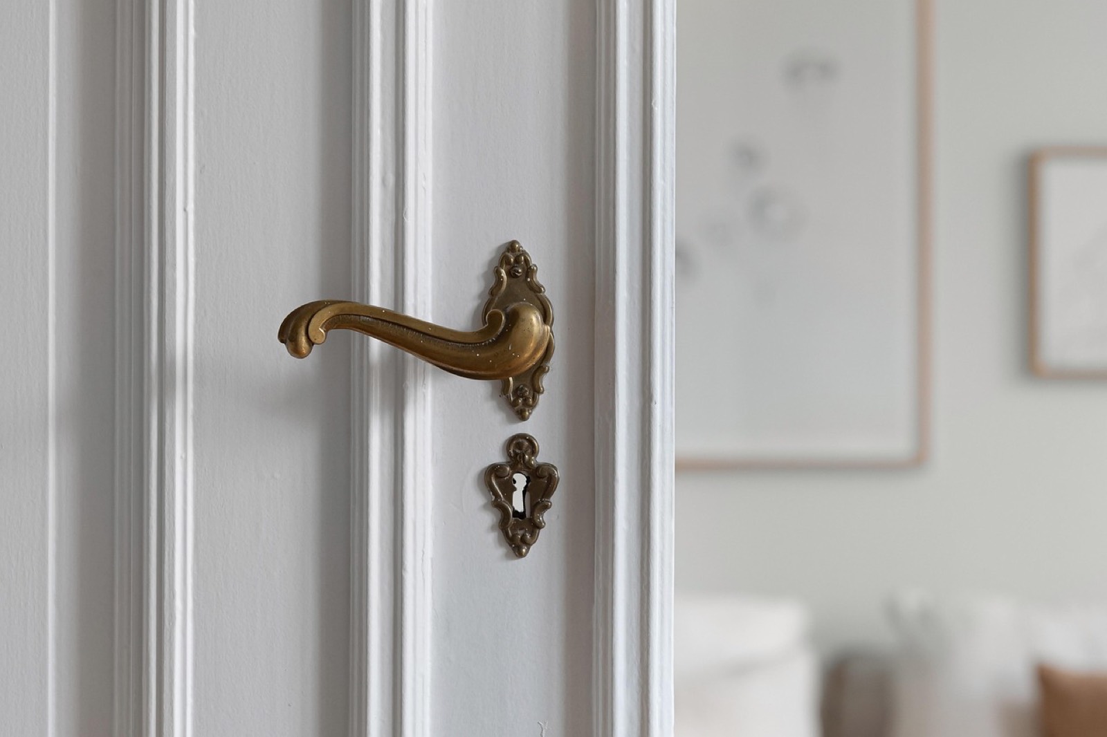 Poignée métallique sur une porte intérieure à panneau bois