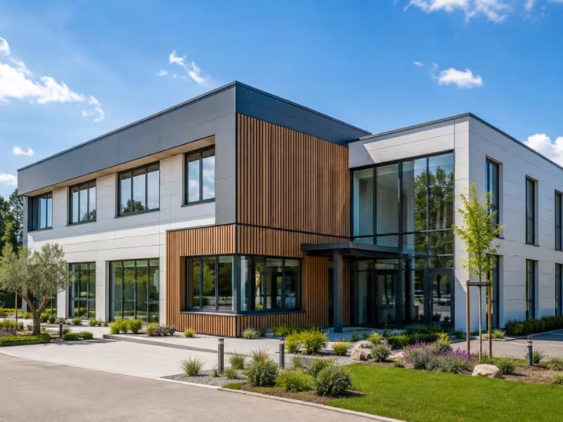 Bâtiment modulaire à façade bois et bardage clair avec grandes baies vitrées et entrée abritée