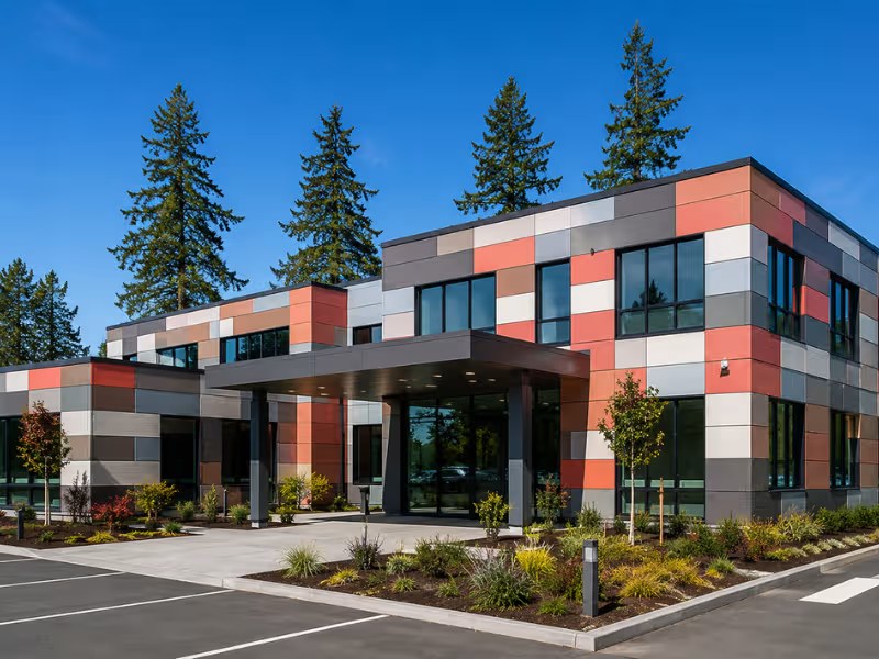 Bâtiment modulaire à ossature apparente en acier, façades vitrées et passerelles extérieures